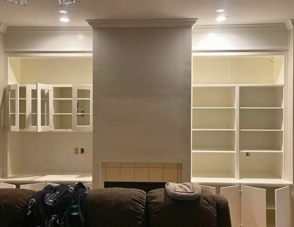 Built-in cabinets and shelves, freshly painted